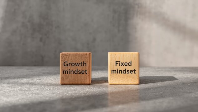 Symbol of growth and fixed mindsets. Terms on wooden blocks. Elegant grey table with a grey backdrop. Business mindset concept. Empty space