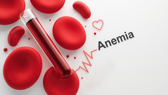 Model of red blood cells and the term anemia, test tube on a white backdrop. Healthcare and medicine