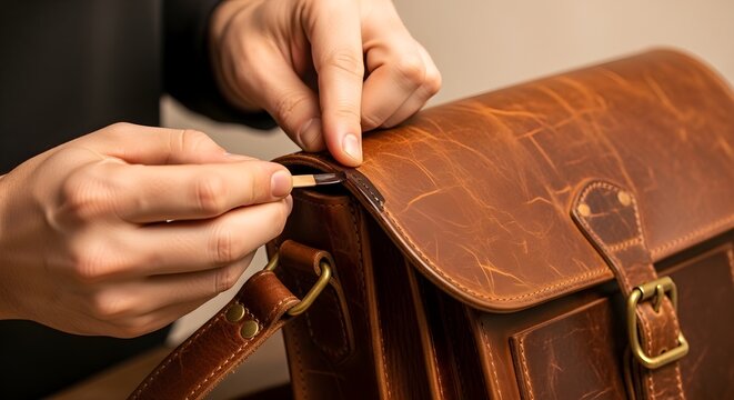 Careful artisan hands repair and recycle a classic leather bag, meticulously restoring its charm and durability for extended sustainable use