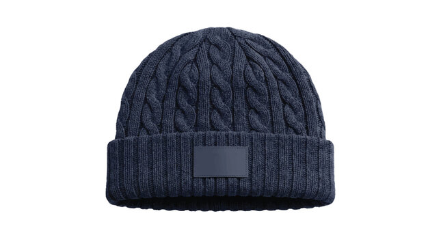Close-up of a textured navy blue knitted beanie hat with a blank rectangular patch for branding with winter hat