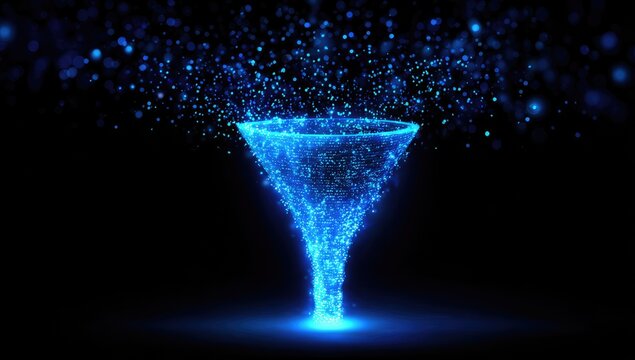 Glowing blue particles swirl into a vortex inside a digital funnel against black