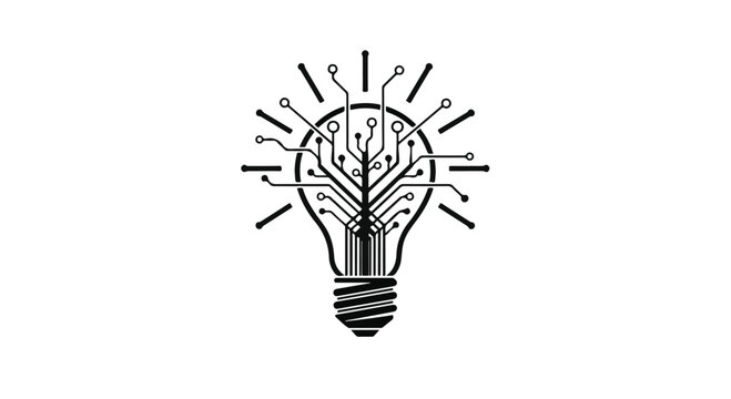 Lightbulb icon featuring an integrated circuit pattern represents the synergy between creative thinking, digital innovation, and advanced technological problem solving in modern business.