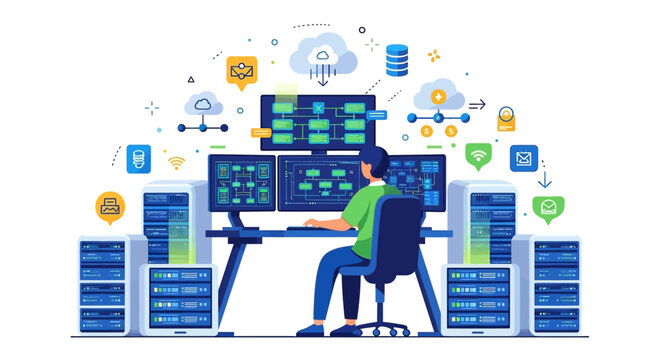 Man working in a server room with multiple computer monitors.