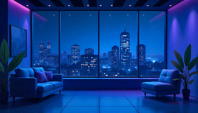 Nighttime modern high-rise interior with dark blue and violet ambient lighting, large panoramic glass window, distant city skyline with neon-like highlights, sleek furniture silhouettes, potted plants