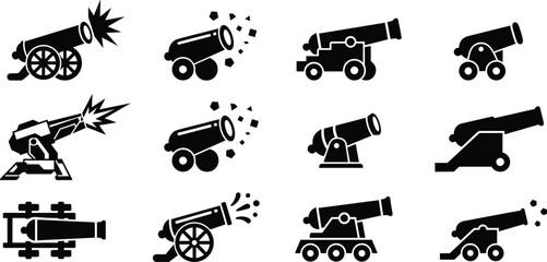 Cannon silhouette vector icon set with different artillery firing positions military weapon symbols black collection isolated © pappa