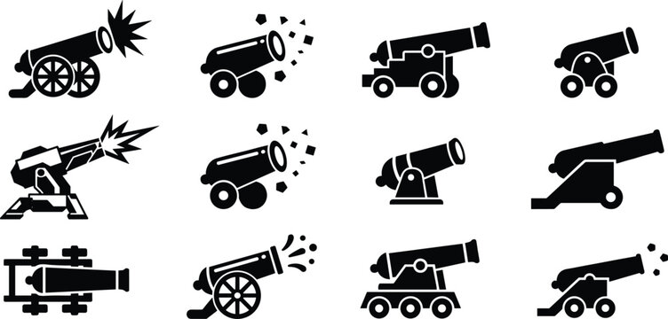 Cannon silhouette vector icon set with different artillery firing positions military weapon symbols black collection isolated