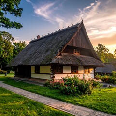 Fototapeta premium A serene traditional house with a thatched roof at sunset