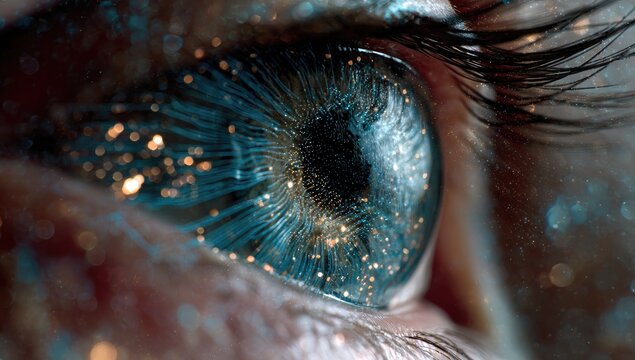 Extreme close-up of a human eye, glittering with cosmic dust