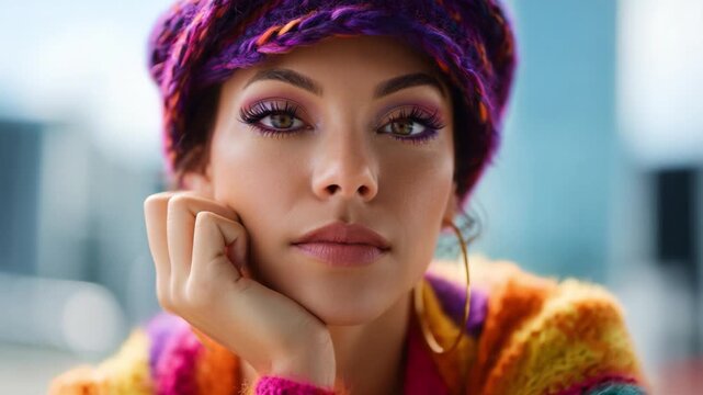 A Thoughtful Portrait of a Woman Wearing a Colorful Knit Hat and Scarf with Striking Makeup, Showcasing Her Beauty and Emotional Depth in a Vibrant Setting
