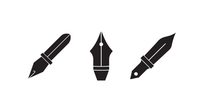 Black silhouettes of nibs and fountain pens on white background  office supplies and writing instruments