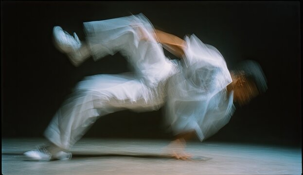 Blurry dancer in white, mid-air spin, light-streaked motion on floor
