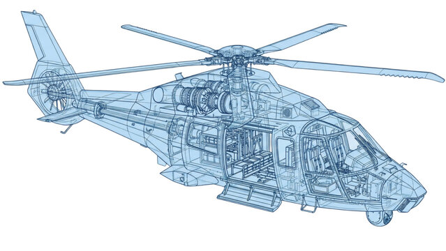 Technical 3D wireframe stealth helicopter with x-ray view and translucent blue shell. Ideal for aviation, defense and concept design.