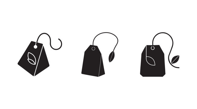 Black tea bag icons with leaf designs on white background  tea tags with string and leaf illustrations