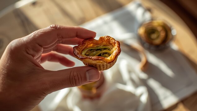 person gripping small leek pastry for consumption