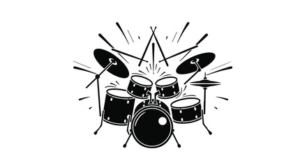 Drum kit ensemble stands ready for a musical performance with cymbals and sticks arranged in a stylized composition that captures the high energy and rhythmic spirit of live percussion music.