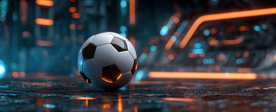 Futuristic soccer ball on a wet, glowing circuit board