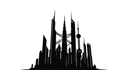 Obraz premium Modern city skyline silhouette featuring tall skyscrapers and urban architecture isolated on a white background for real estate development presentation and corporate business marketing banners.