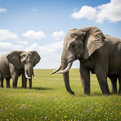 Fototapeta premium Two African elephants grazing peacefully in a lush green field under a bright blue sky.