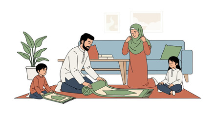 Fototapeta premium Muslim family praying together at home during Ramadan.