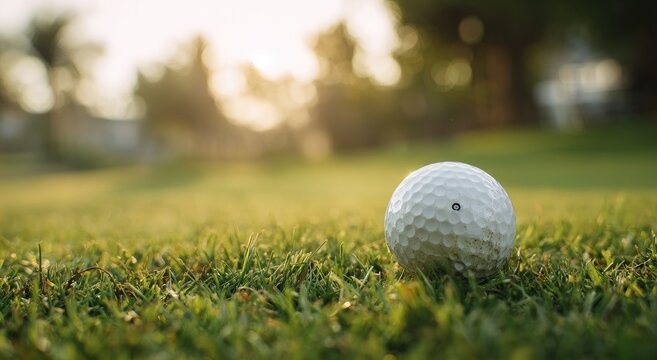 A golf ball rests on a lush green fairway bathed in soft, warm sunlight
