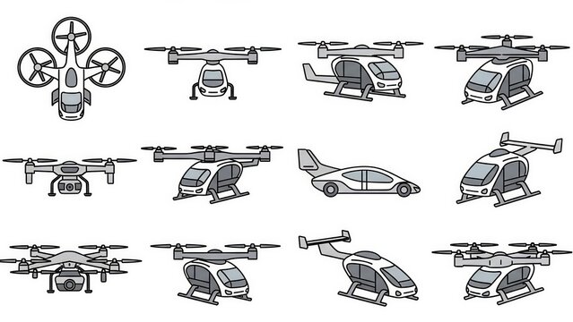 Set of futuristic air taxi and drone icons for urban aerial mobility