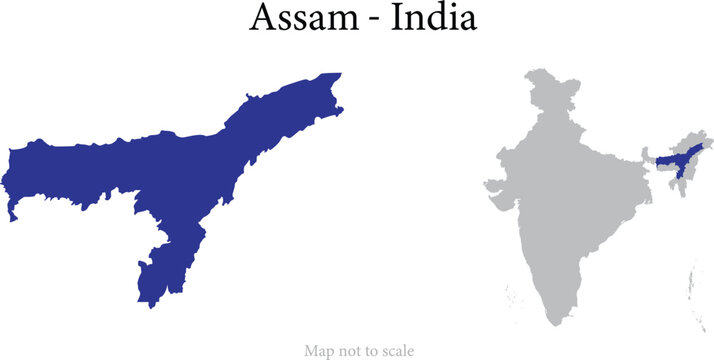 Assam India map vector with highlighted state location on India map, northeast region outline illustration