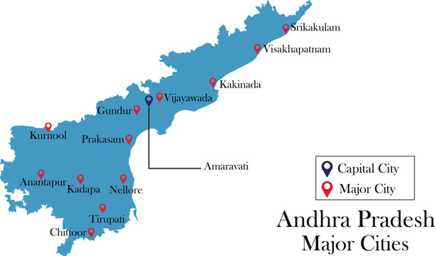 Andhra Pradesh map with major cities and capital Amaravati, detailed state map vector with location markers