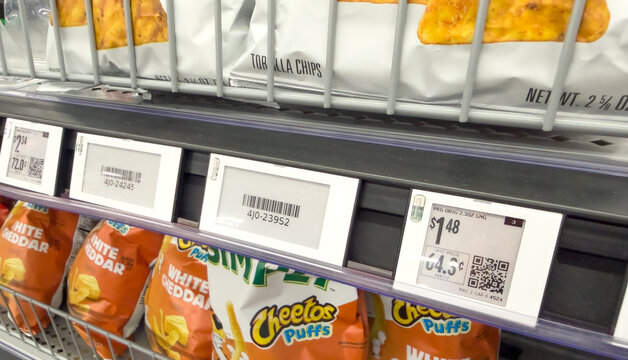 Electronic Shelf Labels Grocery Store Price Tags On Snack Aisle