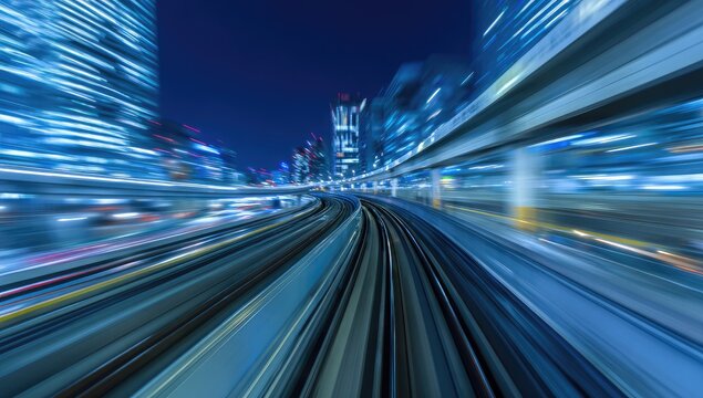Motion blur captures urban transport at night with illuminated cityscapes