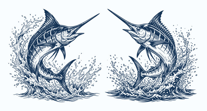 Hand Drawn Jumping Marlin Fish Engraving Vector Set