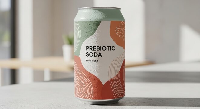 A sleek aluminum can containing a healthy prebiotic soda beverage with a modern artistic design featuring colorful abstract organic shape patterns