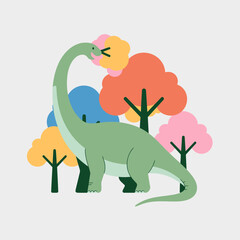Obraz premium Friendly green long necked dinosaur eating leaves in a colorful abstract forest setting featuring stylized trees and minimalist flat design for kids educational projects