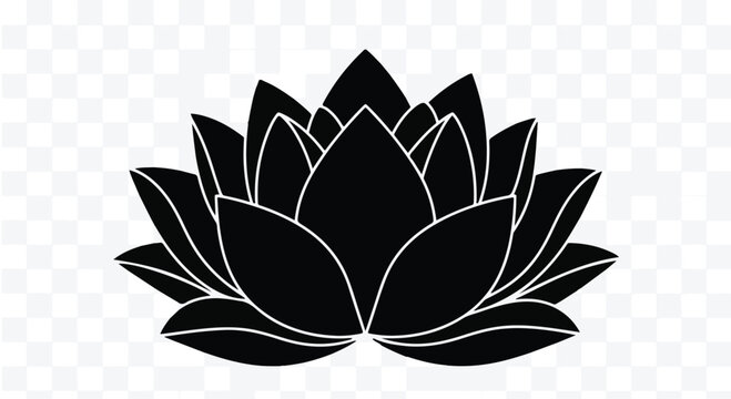 Lotus flower silhouette displays a symmetrical floral bloom with elegant petals to represent spiritual enlightenment, inner peace, and the practice of meditative mindfulness in design.