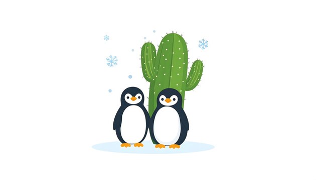 A cartoon-style illustration showing two penguins standing in front of a green cactus with snowflakes falling