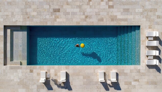 Overhead view of person floating in bright blue pool with yellow float