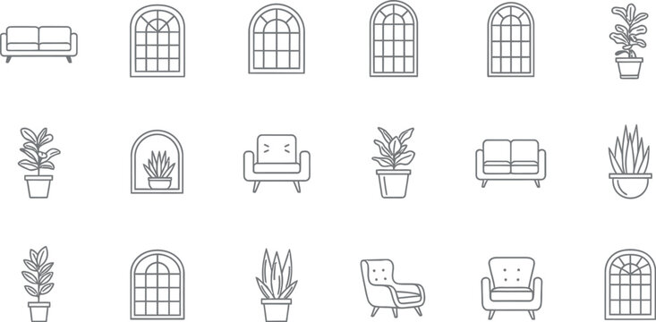 Collection of minimal black and white line art icons representing home decor elements including arched windows potted plants and various seating arrangements.