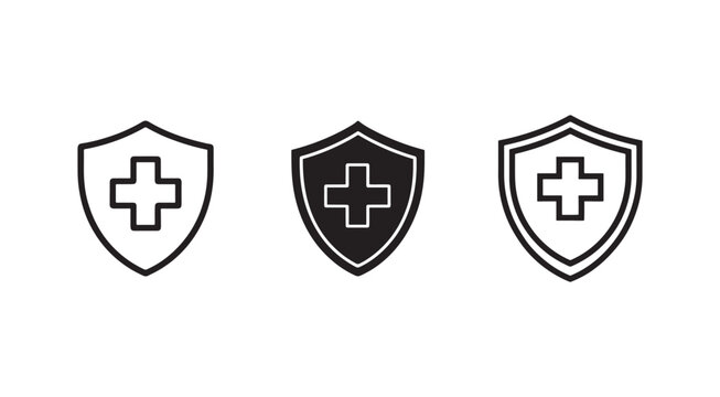 Medical shield icons with cross symbol in black and white for healthcare and protection concepts  medical symbols for safety and health care