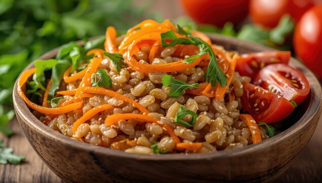 salad of barley, gingered carrots, arugula, and tomatoes