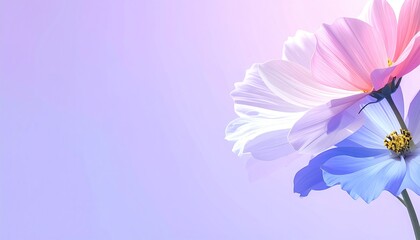 Fototapeta premium Delicate cosmos flowers, pastel hues, against a soft purple backdrop