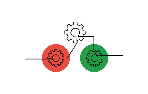 Two gears with red and green circles continuous one line drawing vector illustration