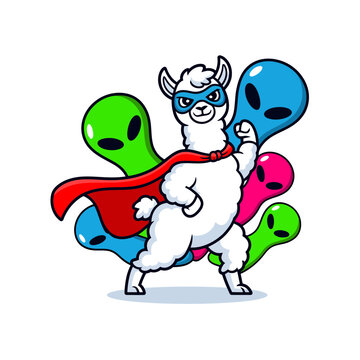 Cartoon superhero llama wearing a red cape and blue mask posing defiantly against a group of colorful playful alien creatures in a vibrant vector illustration design style