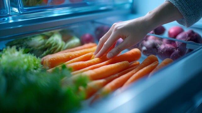 A person selecting fresh carrots from a vegetable display in a grocery store