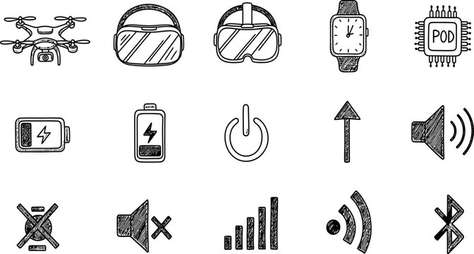 A collection of 12 black and white icons representing various technology and communication concepts