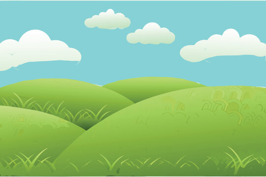 Serene landscape with rolling green hills and a bright blue sky