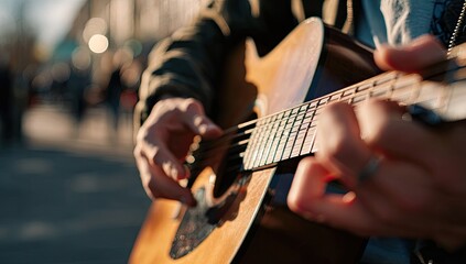 Obraz premium Close-up of musician's hands strumming an acoustic guitar in daylight