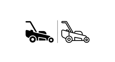 Fototapeta premium Lawn mower icon set, garden maintenance machine for cutting grass