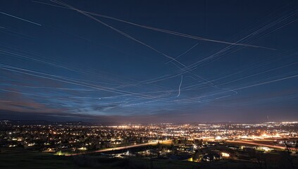 Fototapeta premium City lights under a twilight sky streaked with airplane contrails