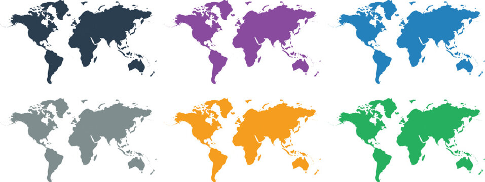 Multicolor world map vector set, minimal flat continents silhouettes collection for infographic and UI design
