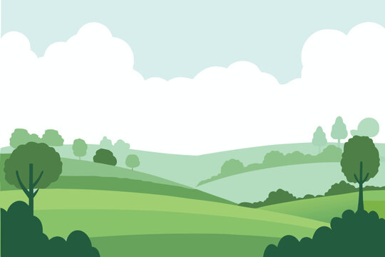 Serene landscape illustration featuring rolling green hills and a blue sky
