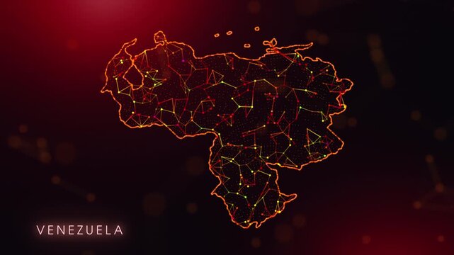 A dynamic motion video showcasing the Venezuela country border through a colorful plexus reveal. Glowing red and orange dots represent high-tech data communication and global digital networks.